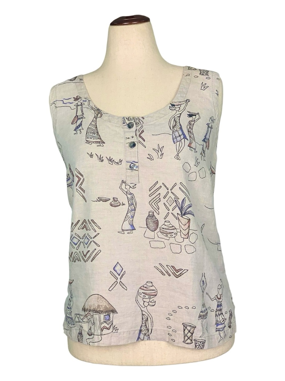 Mard Ware 100% Linen Sleeveless Shirt Blouse Beige Tribal Beach Doodle Print XL‎